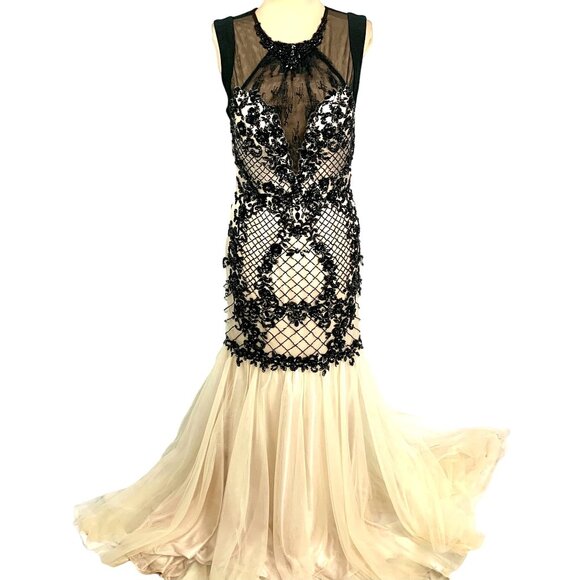 Jolene Mermaid Chiffon Beaded Rhinestone Prom Gown Black Ivory Pageant Size M - Picture 2 of 12